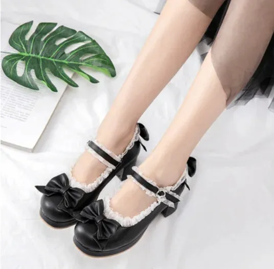 Uniwim vintage round head thick heel women shoes cute lace bowknot kawaii shoes loli cosplay Japanese sweet princess lolita shoes