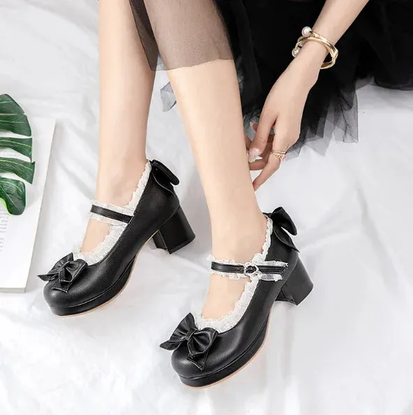 Uniwim vintage round head thick heel women shoes cute lace bowknot kawaii shoes loli cosplay Japanese sweet princess lolita shoes