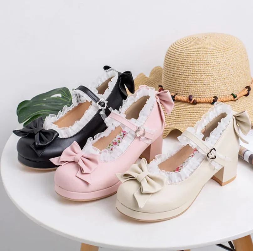 Uniwim vintage round head thick heel women shoes cute lace bowknot kawaii shoes loli cosplay Japanese sweet princess lolita shoes