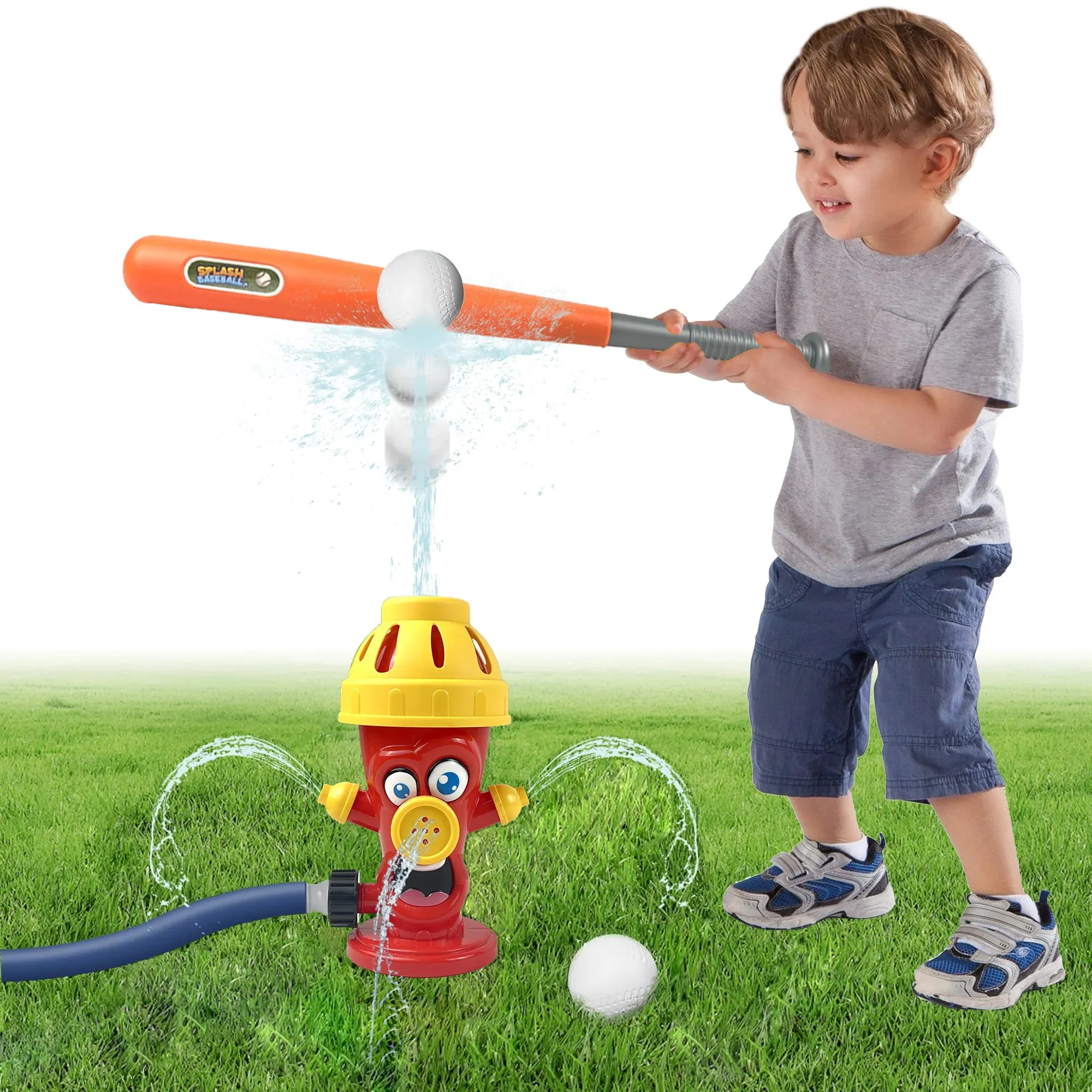 Water Spray Sprinkler Toys with Baseball Play Set, Outdoor Summer Kids Toys Attaches to Garden Hose Backyard Splashing Toys for Boys Girls 3 