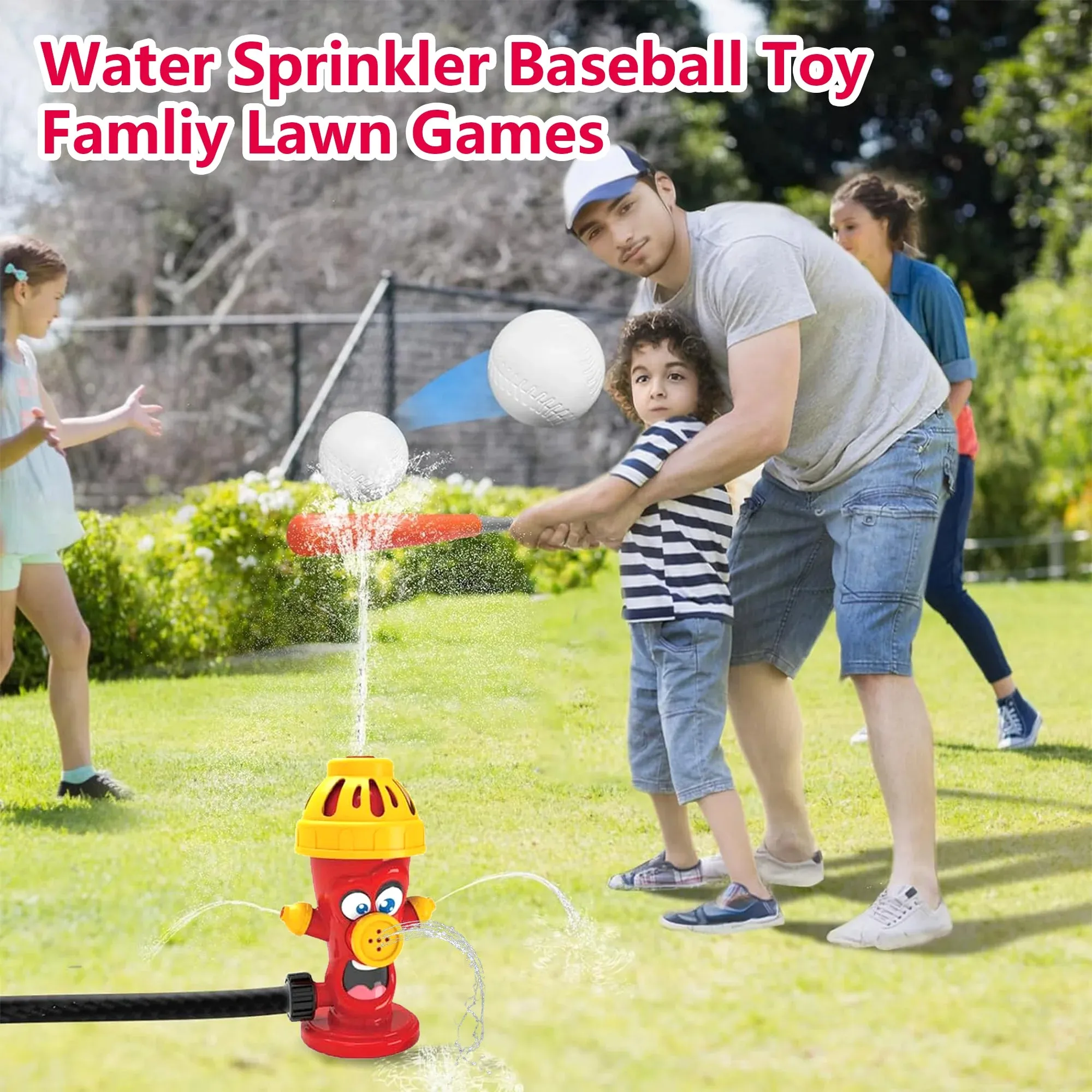 Water Spray Sprinkler Toys with Baseball Play Set, Outdoor Summer Kids Toys Attaches to Garden Hose Backyard Splashing Toys for Boys Girls 3 