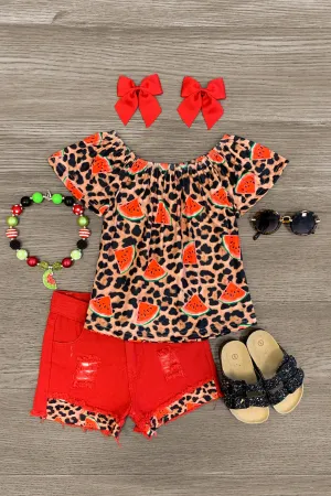 Watermelons & Leopard Denim Short Set