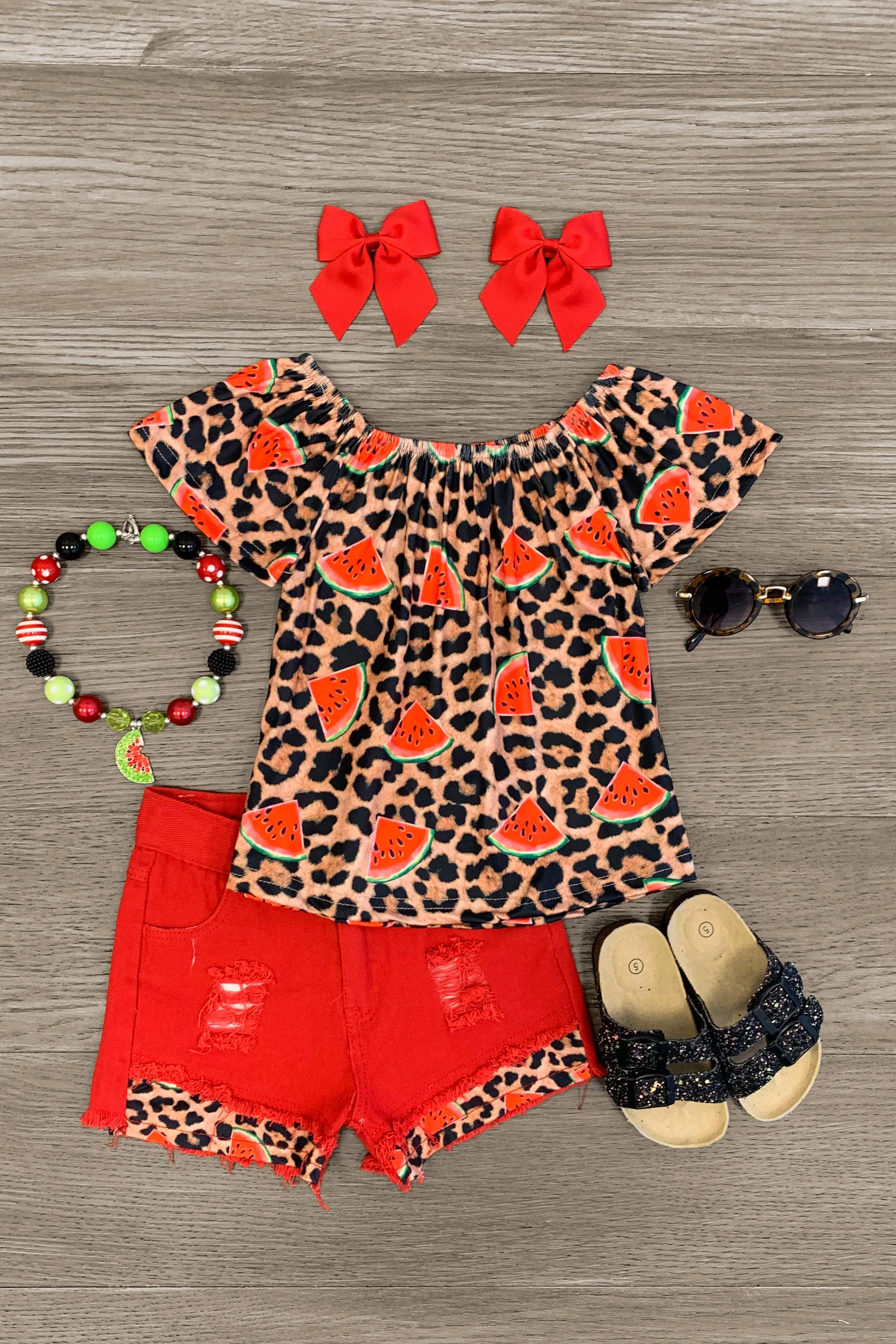 Watermelons & Leopard Denim Short Set